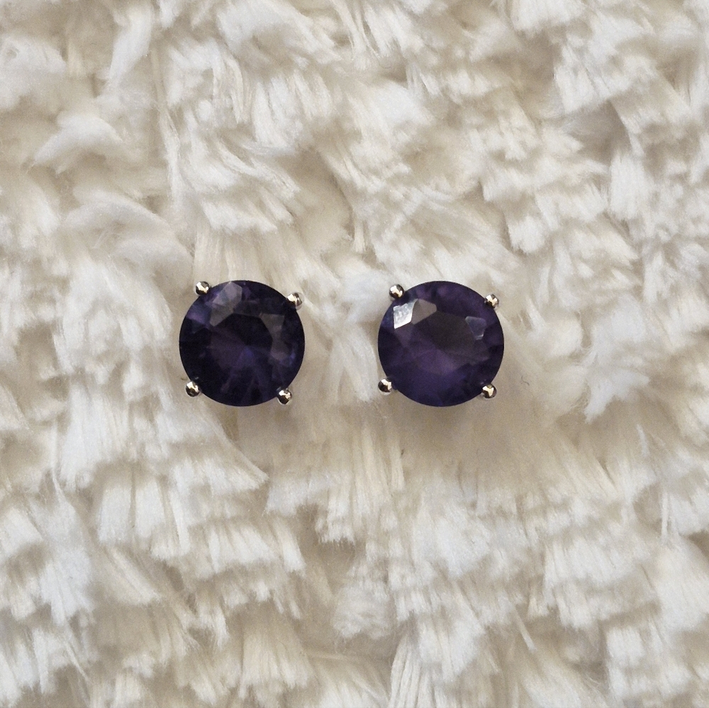 Sterling Silver Round Faceted Amethyst Stud Earrings